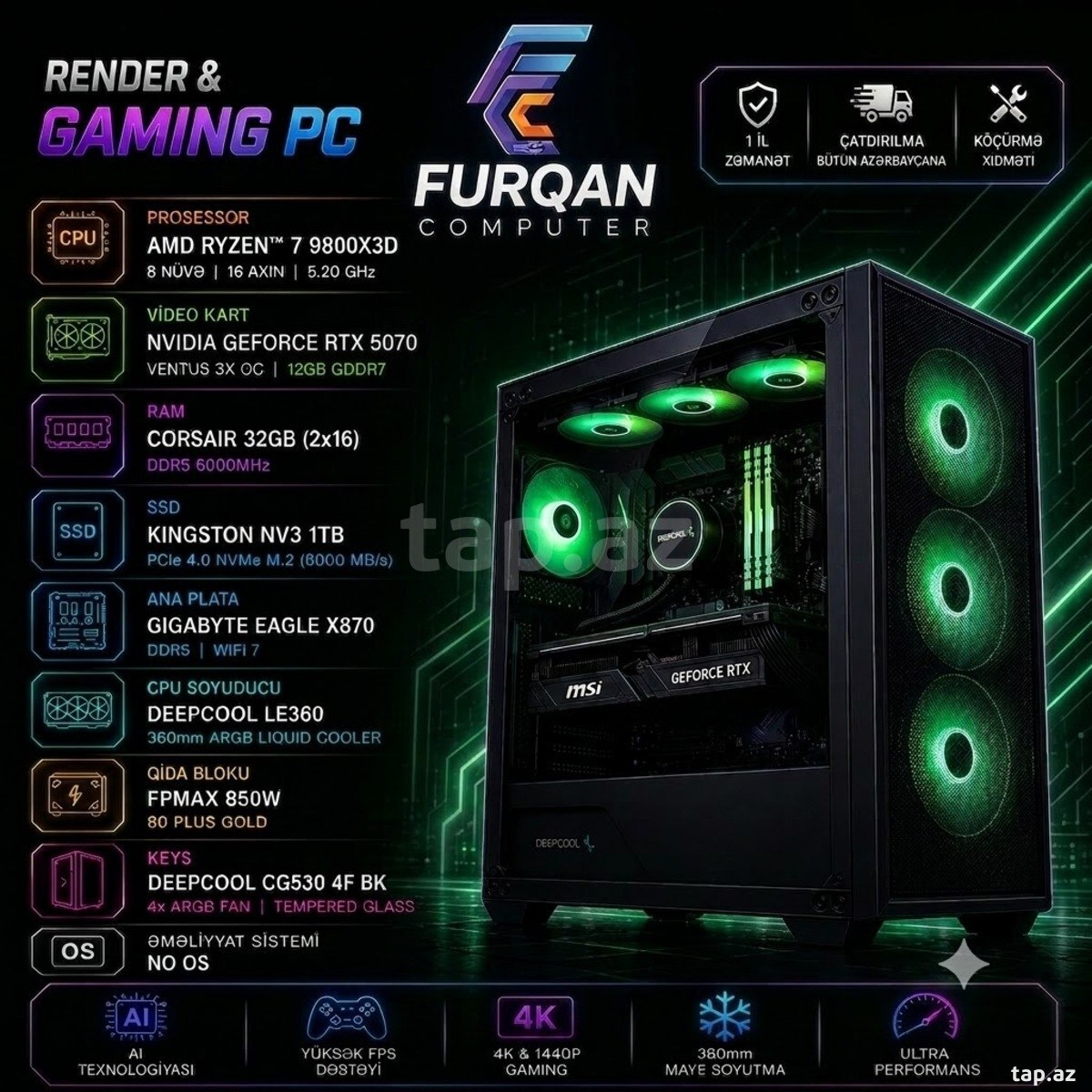 Render ve Gaming PC | Ryzen 7 9800X3D 5.20 GHZ | RTX 5070 12GB | SSD 1TB NVMe M.2 | RAM 32GB DDR5 Render ve Gaming PC | Ryzen 7 9800X3D 5.20 GHZ | RTX 5070 12GB | SSD 1TB NVMe M.2 | RAM 32GB DDR5
