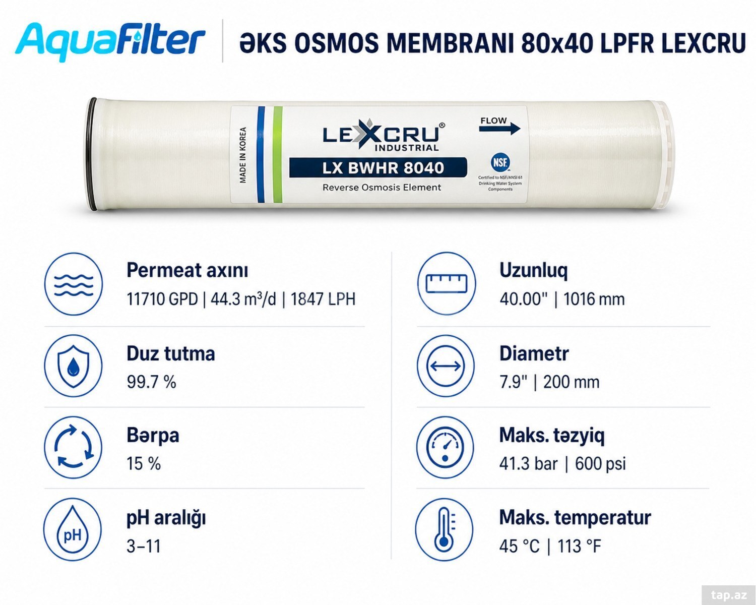 Əks Osmos membranı 80x40 LPFR LEXCRU Əks Osmos membranı 80x40 LPFR LEXCRU