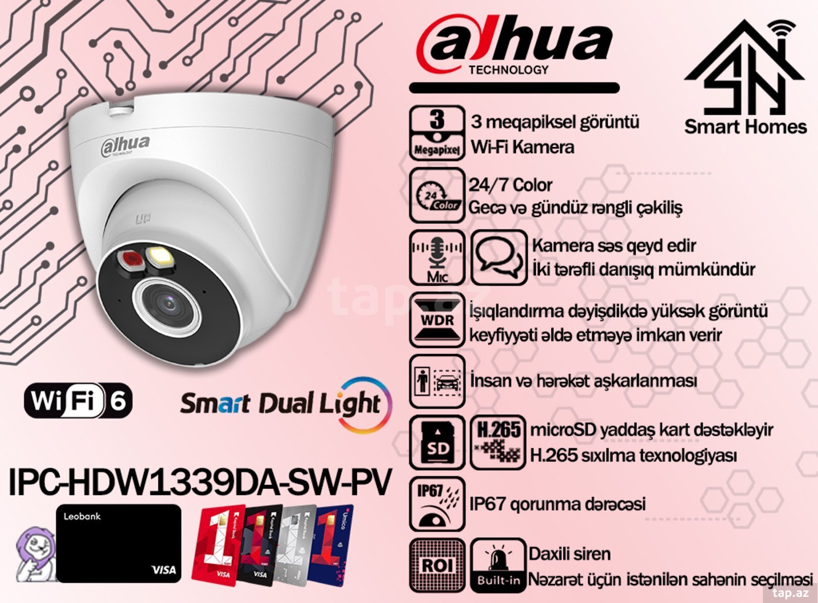 Dahua 3MP Wi-Fi kamerası DH-IPC-HDW1339DA-SW-PV Dahua 3MP Wi-Fi kamerası DH-IPC-HDW1339DA-SW-PV
