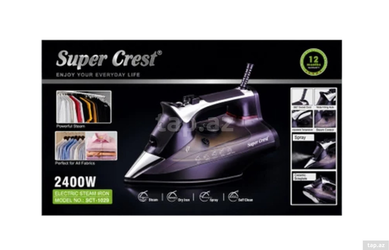 Buxarlı ütü Super Crest SCT-1029 2400 W, 350 ml, keramika altlıq Buxarlı ütü Super Crest SCT-1029 2400 W, 350 ml, keramika altlıq