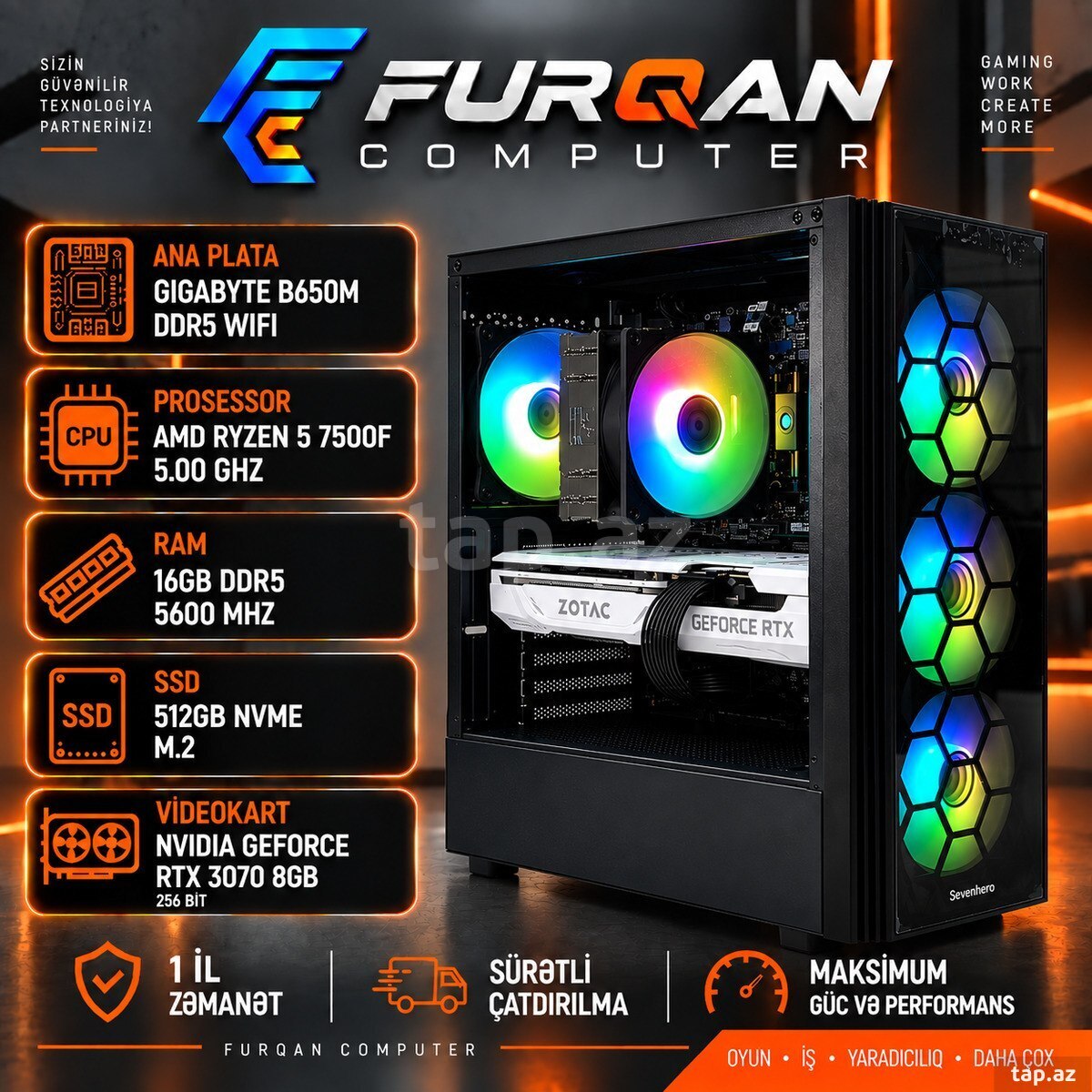 Игровой ПК | RTX 3070 8GB | Ryzen 5 7500F 5.00 GHz | 16GB DDR5 | 1TB NVMe M.2 Игровой ПК | RTX 3070 8GB | Ryzen 5 7500F 5.00 GHz | 16GB DDR5 | 1TB NVMe M.2