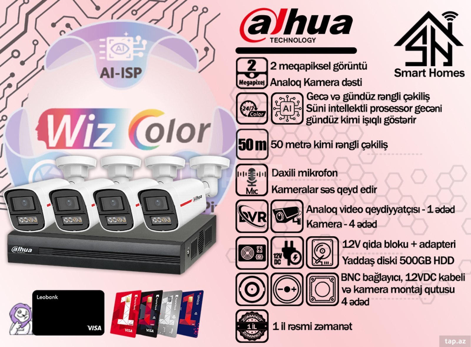 Dahua dörd kameralı WizColor kamera dəsti Dahua dörd kameralı WizColor kamera dəsti
