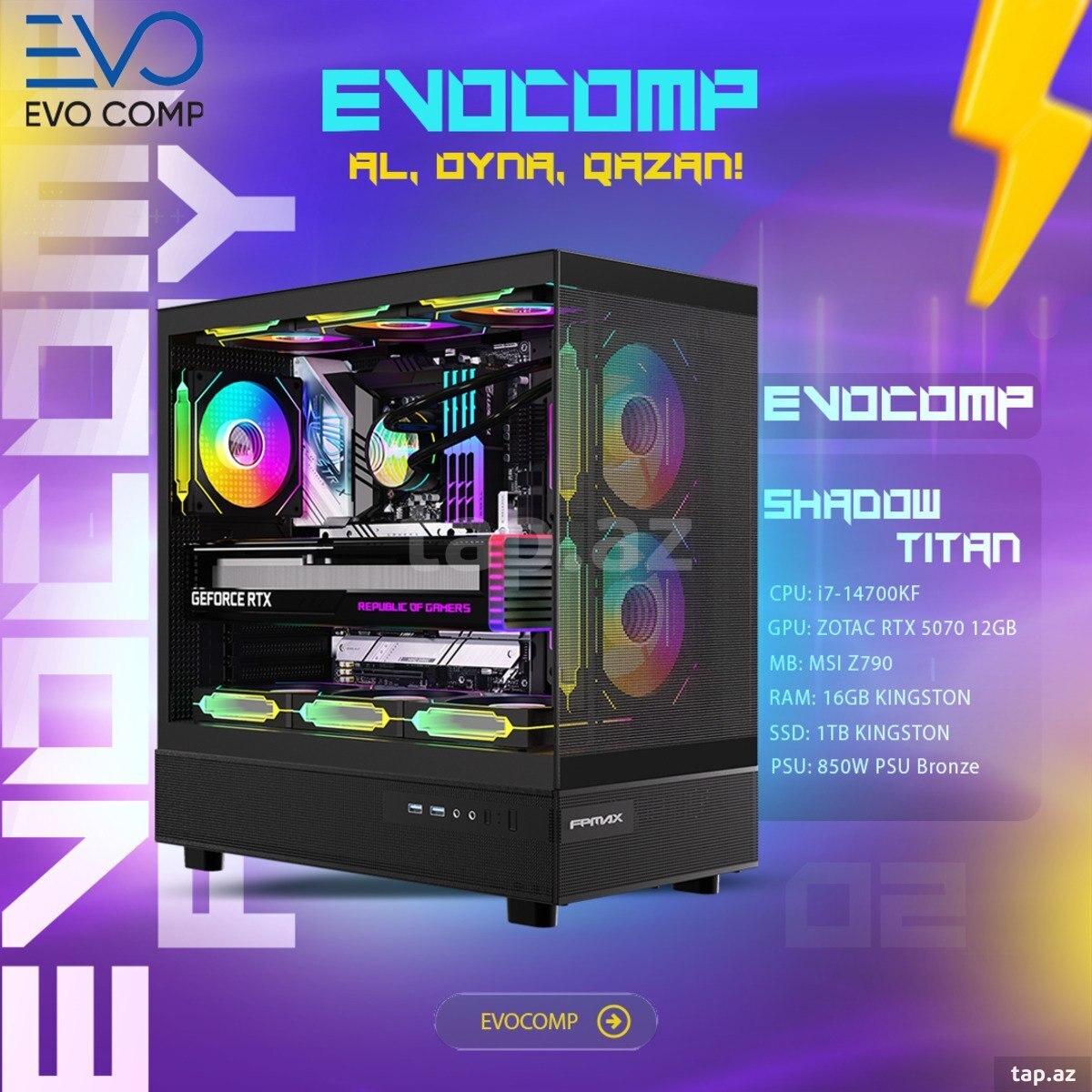 EvoComp ShadowTitan Core i7-14700KF, RTX 5070 12GB, 1TB SSD, RAM 16GB EvoComp ShadowTitan Core i7-14700KF, RTX 5070 12GB, 1TB SSD, RAM 16GB