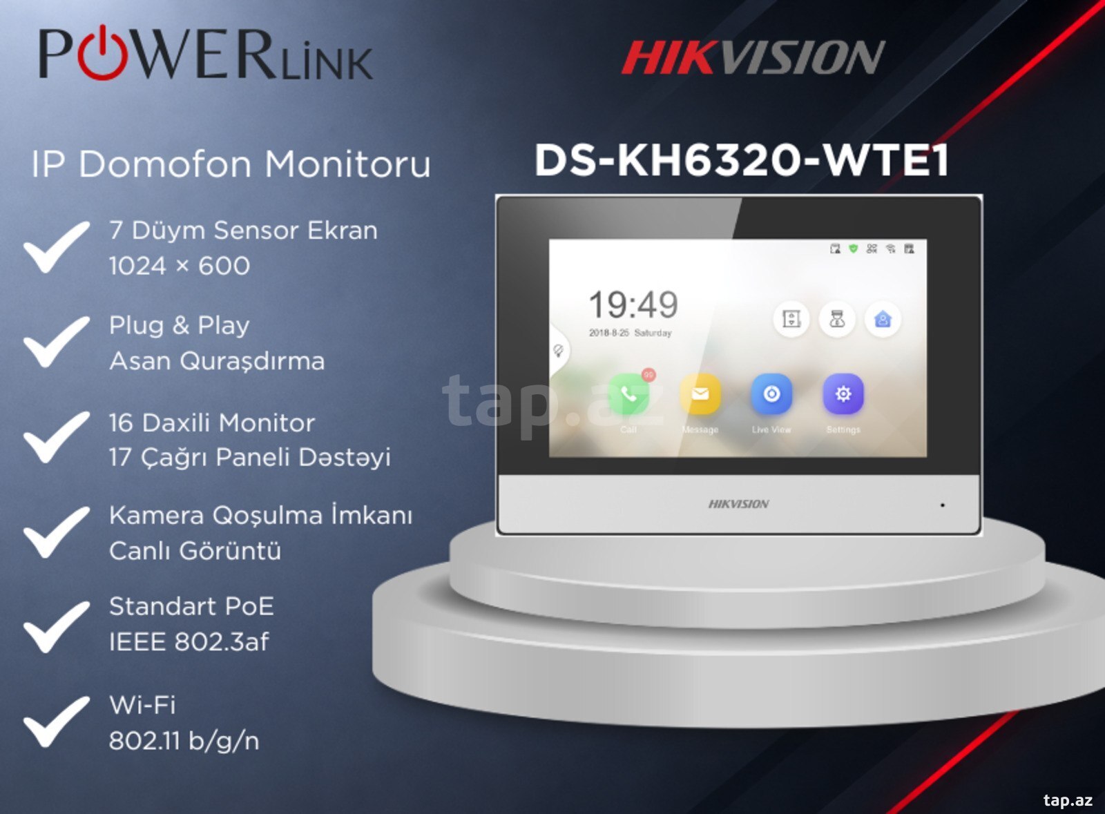 Hikvision DS-KH6320-WTE1 7 Düym Sensor IP Video Domofon Monitoru (Qara) Hikvision DS-KH6320-WTE1 7 Düym Sensor IP Video Domofon Monitoru (Qara)