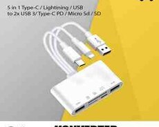 Konverter 5 in 1 Type-C  Lightining  USB to 2x USB 3 Type-C PD  Micro Sd  SD