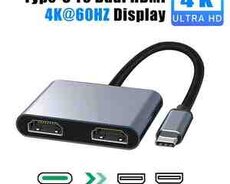 2 Port USB C Hub to Dual HDMI Splitter 4K 60HZ Dual Screen Expansion Type C Docking Station