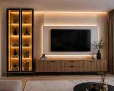 Premium TV Unit və qonaq otağı mebeli LED işıqlı