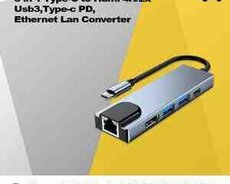 Konverter 5 in 1 Type-C to Hdmi 4K2xUsb3Type-c PD Ethernet Lan